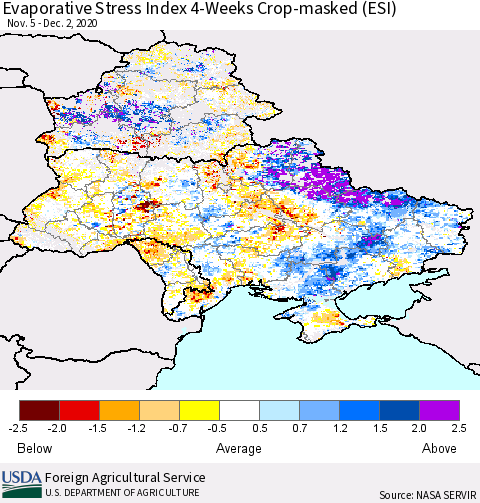 Ukraine, Moldova and Belarus Evaporative Stress Index (ESI), 4-Weeks over Croplands Thematic Map For 11/30/2020 - 12/6/2020