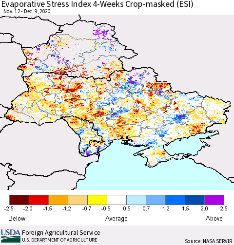 Ukraine, Moldova and Belarus Evaporative Stress Index (ESI), 4-Weeks over Croplands Thematic Map For 12/7/2020 - 12/13/2020