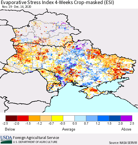 Ukraine, Moldova and Belarus Evaporative Stress Index (ESI), 4-Weeks over Croplands Thematic Map For 12/14/2020 - 12/20/2020