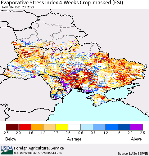 Ukraine, Moldova and Belarus Evaporative Stress Index (ESI), 4-Weeks over Croplands Thematic Map For 12/21/2020 - 12/27/2020