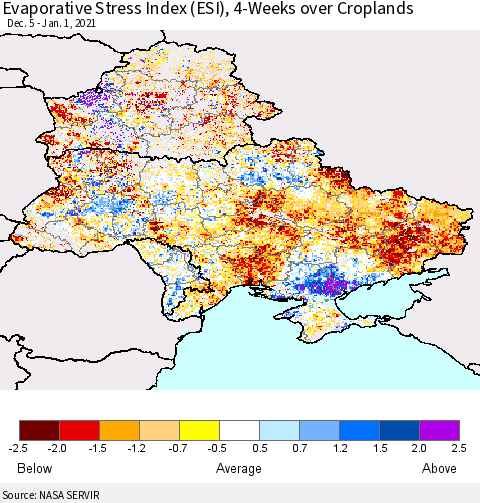 Ukraine, Moldova and Belarus Evaporative Stress Index (ESI), 4-Weeks over Croplands Thematic Map For 12/28/2020 - 1/3/2021