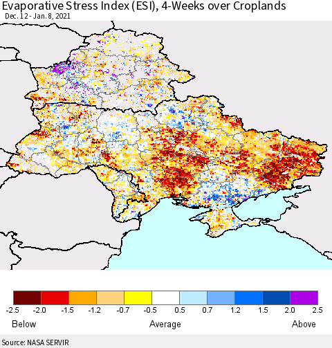 Ukraine, Moldova and Belarus Evaporative Stress Index (ESI), 4-Weeks over Croplands Thematic Map For 1/4/2021 - 1/10/2021