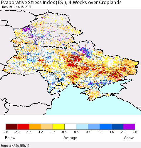 Ukraine, Moldova and Belarus Evaporative Stress Index (ESI), 4-Weeks over Croplands Thematic Map For 1/11/2021 - 1/17/2021