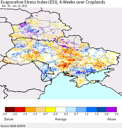 Ukraine, Moldova and Belarus Evaporative Stress Index (ESI), 4-Weeks over Croplands Thematic Map For 1/18/2021 - 1/24/2021
