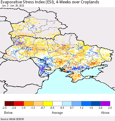 Ukraine, Moldova and Belarus Evaporative Stress Index (ESI), 4-Weeks over Croplands Thematic Map For 1/25/2021 - 1/31/2021