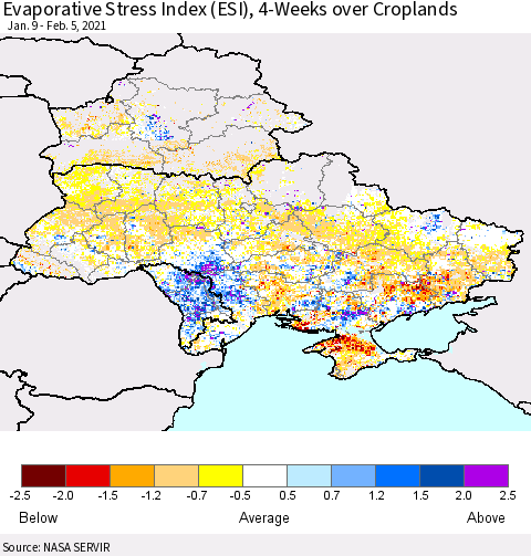 Ukraine, Moldova and Belarus Evaporative Stress Index (ESI), 4-Weeks over Croplands Thematic Map For 2/1/2021 - 2/7/2021