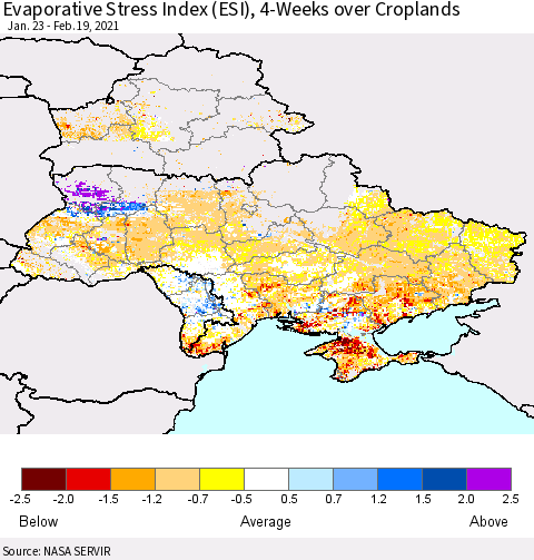 Ukraine, Moldova and Belarus Evaporative Stress Index (ESI), 4-Weeks over Croplands Thematic Map For 2/15/2021 - 2/21/2021