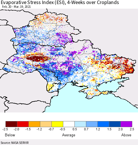 Ukraine, Moldova and Belarus Evaporative Stress Index (ESI), 4-Weeks over Croplands Thematic Map For 3/15/2021 - 3/21/2021
