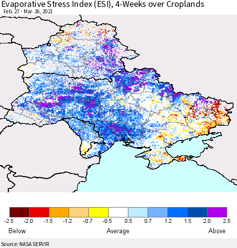 Ukraine, Moldova and Belarus Evaporative Stress Index (ESI), 4-Weeks over Croplands Thematic Map For 3/22/2021 - 3/28/2021