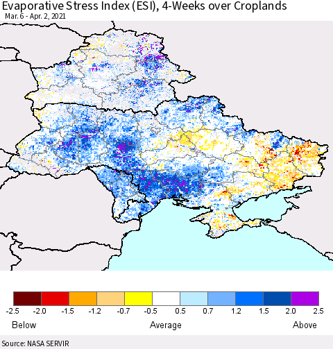 Ukraine, Moldova and Belarus Evaporative Stress Index (ESI), 4-Weeks over Croplands Thematic Map For 3/29/2021 - 4/4/2021