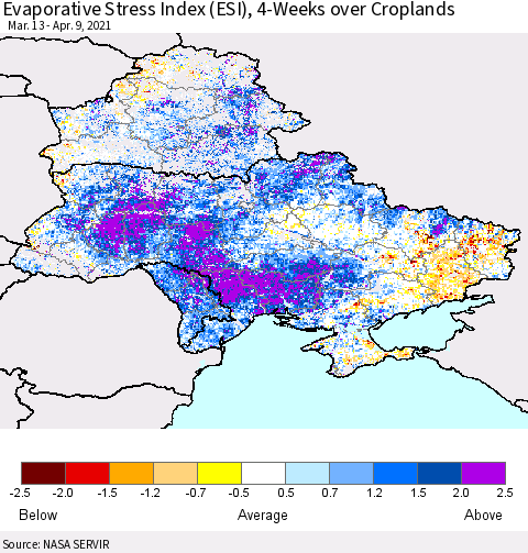 Ukraine, Moldova and Belarus Evaporative Stress Index (ESI), 4-Weeks over Croplands Thematic Map For 4/5/2021 - 4/11/2021