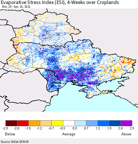 Ukraine, Moldova and Belarus Evaporative Stress Index (ESI), 4-Weeks over Croplands Thematic Map For 4/12/2021 - 4/18/2021