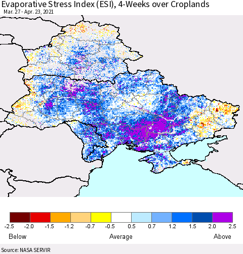 Ukraine, Moldova and Belarus Evaporative Stress Index (ESI), 4-Weeks over Croplands Thematic Map For 4/19/2021 - 4/25/2021