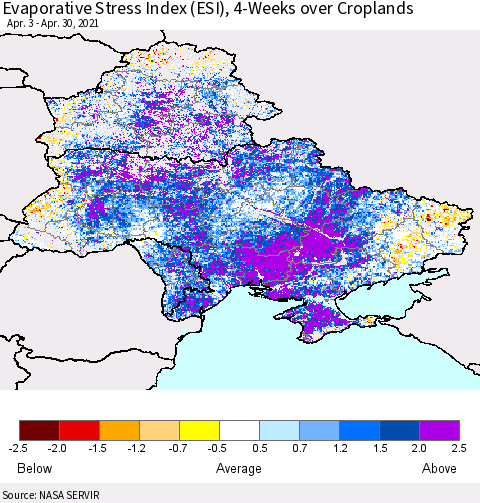 Ukraine, Moldova and Belarus Evaporative Stress Index (ESI), 4-Weeks over Croplands Thematic Map For 4/26/2021 - 5/2/2021