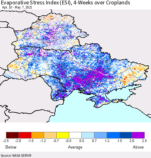 Ukraine, Moldova and Belarus Evaporative Stress Index (ESI), 4-Weeks over Croplands Thematic Map For 5/3/2021 - 5/9/2021