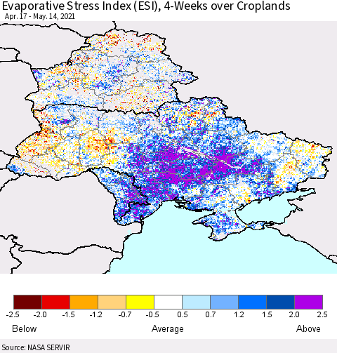 Ukraine, Moldova and Belarus Evaporative Stress Index (ESI), 4-Weeks over Croplands Thematic Map For 5/10/2021 - 5/16/2021