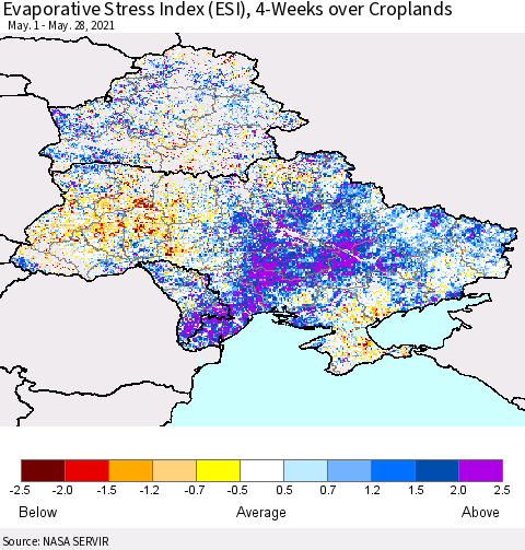 Ukraine, Moldova and Belarus Evaporative Stress Index (ESI), 4-Weeks over Croplands Thematic Map For 5/24/2021 - 5/30/2021