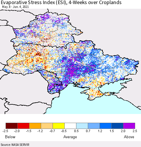 Ukraine, Moldova and Belarus Evaporative Stress Index (ESI), 4-Weeks over Croplands Thematic Map For 5/31/2021 - 6/6/2021