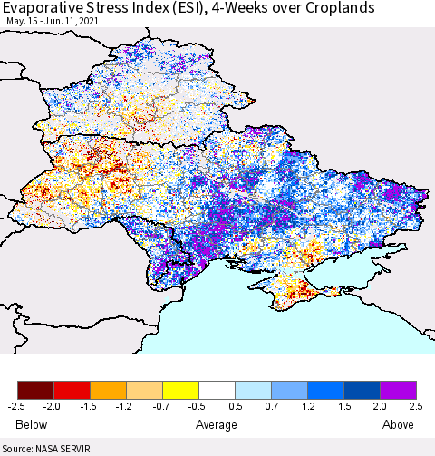 Ukraine, Moldova and Belarus Evaporative Stress Index (ESI), 4-Weeks over Croplands Thematic Map For 6/7/2021 - 6/13/2021