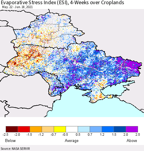 Ukraine, Moldova and Belarus Evaporative Stress Index (ESI), 4-Weeks over Croplands Thematic Map For 6/14/2021 - 6/20/2021
