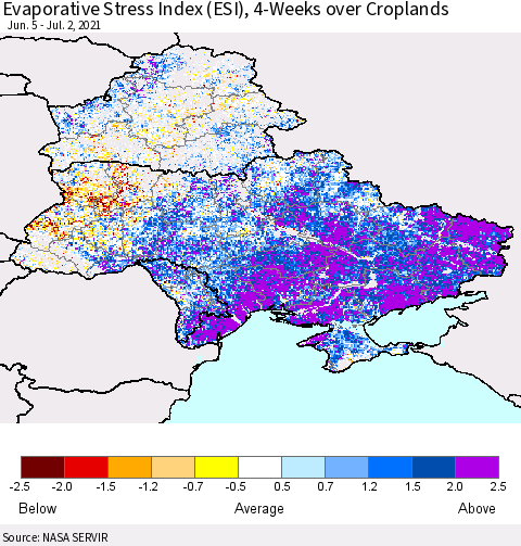 Ukraine, Moldova and Belarus Evaporative Stress Index (ESI), 4-Weeks over Croplands Thematic Map For 6/28/2021 - 7/4/2021