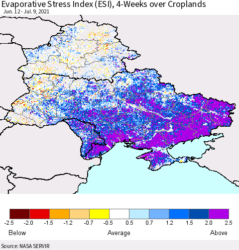 Ukraine, Moldova and Belarus Evaporative Stress Index (ESI), 4-Weeks over Croplands Thematic Map For 7/5/2021 - 7/11/2021