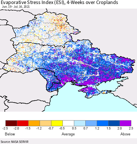 Ukraine, Moldova and Belarus Evaporative Stress Index (ESI), 4-Weeks over Croplands Thematic Map For 7/12/2021 - 7/18/2021