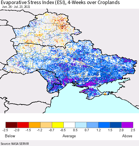 Ukraine, Moldova and Belarus Evaporative Stress Index (ESI), 4-Weeks over Croplands Thematic Map For 7/19/2021 - 7/25/2021