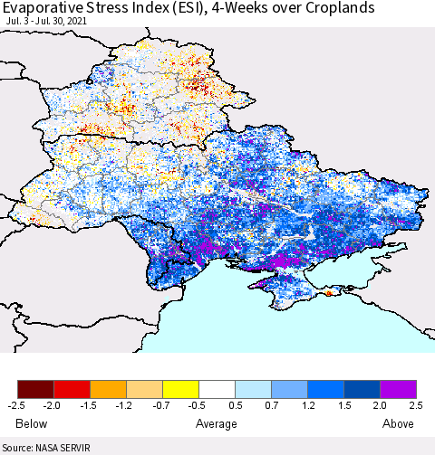 Ukraine, Moldova and Belarus Evaporative Stress Index (ESI), 4-Weeks over Croplands Thematic Map For 7/26/2021 - 8/1/2021
