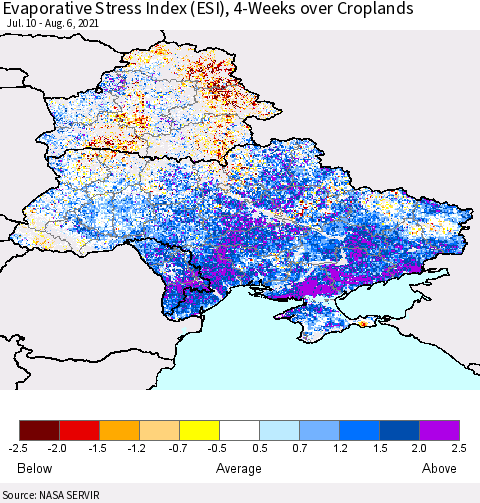 Ukraine, Moldova and Belarus Evaporative Stress Index (ESI), 4-Weeks over Croplands Thematic Map For 8/2/2021 - 8/8/2021
