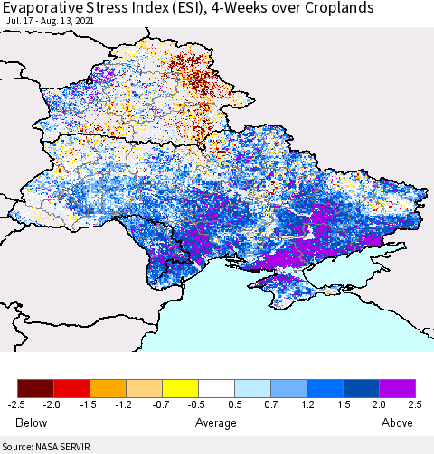 Ukraine, Moldova and Belarus Evaporative Stress Index (ESI), 4-Weeks over Croplands Thematic Map For 8/9/2021 - 8/15/2021