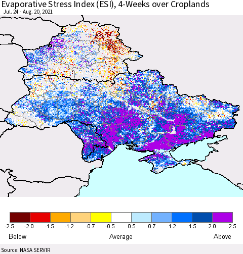 Ukraine, Moldova and Belarus Evaporative Stress Index (ESI), 4-Weeks over Croplands Thematic Map For 8/16/2021 - 8/22/2021