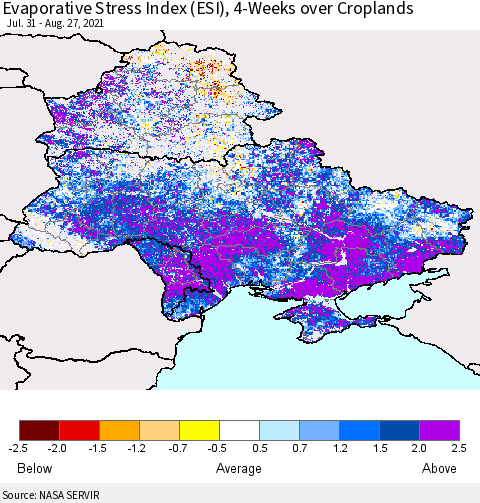 Ukraine, Moldova and Belarus Evaporative Stress Index (ESI), 4-Weeks over Croplands Thematic Map For 8/23/2021 - 8/29/2021