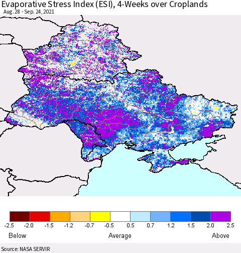 Ukraine, Moldova and Belarus Evaporative Stress Index (ESI), 4-Weeks over Croplands Thematic Map For 9/20/2021 - 9/26/2021