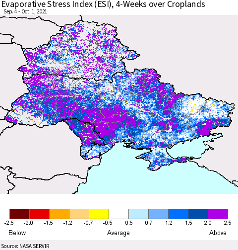 Ukraine, Moldova and Belarus Evaporative Stress Index (ESI), 4-Weeks over Croplands Thematic Map For 9/27/2021 - 10/3/2021