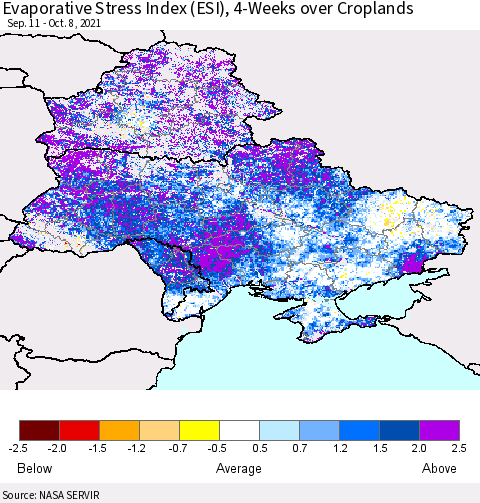 Ukraine, Moldova and Belarus Evaporative Stress Index (ESI), 4-Weeks over Croplands Thematic Map For 10/4/2021 - 10/10/2021