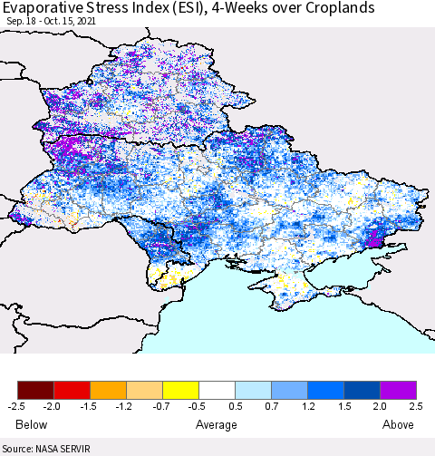 Ukraine, Moldova and Belarus Evaporative Stress Index (ESI), 4-Weeks over Croplands Thematic Map For 10/11/2021 - 10/17/2021