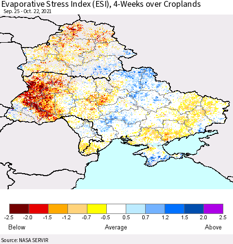 Ukraine, Moldova and Belarus Evaporative Stress Index (ESI), 4-Weeks over Croplands Thematic Map For 10/18/2021 - 10/24/2021