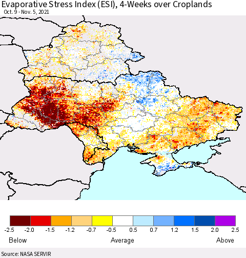 Ukraine, Moldova and Belarus Evaporative Stress Index (ESI), 4-Weeks over Croplands Thematic Map For 11/1/2021 - 11/7/2021