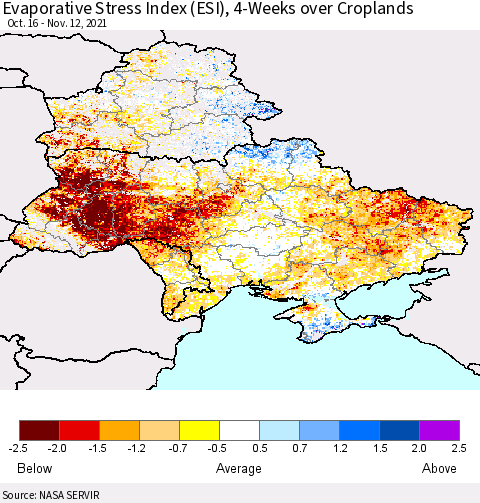 Ukraine, Moldova and Belarus Evaporative Stress Index (ESI), 4-Weeks over Croplands Thematic Map For 11/8/2021 - 11/14/2021