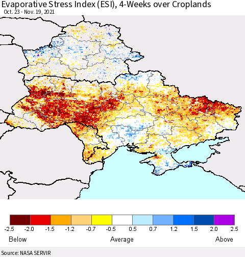 Ukraine, Moldova and Belarus Evaporative Stress Index (ESI), 4-Weeks over Croplands Thematic Map For 11/15/2021 - 11/21/2021