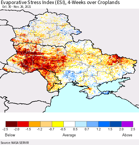 Ukraine, Moldova and Belarus Evaporative Stress Index (ESI), 4-Weeks over Croplands Thematic Map For 11/22/2021 - 11/28/2021