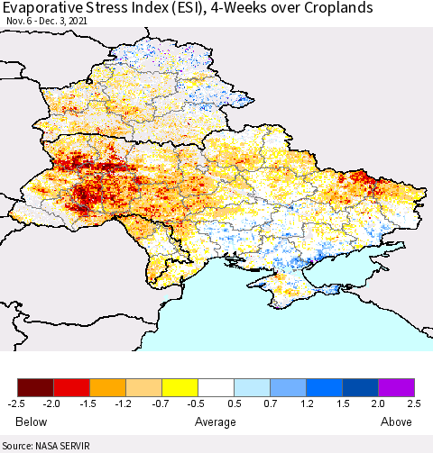 Ukraine, Moldova and Belarus Evaporative Stress Index (ESI), 4-Weeks over Croplands Thematic Map For 11/29/2021 - 12/5/2021