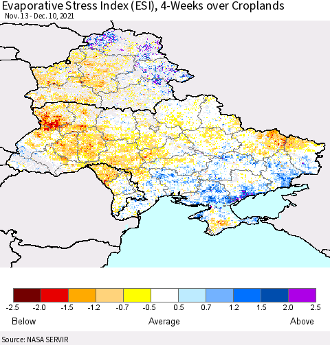 Ukraine, Moldova and Belarus Evaporative Stress Index (ESI), 4-Weeks over Croplands Thematic Map For 12/6/2021 - 12/12/2021