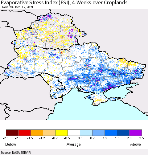 Ukraine, Moldova and Belarus Evaporative Stress Index (ESI), 4-Weeks over Croplands Thematic Map For 12/13/2021 - 12/19/2021