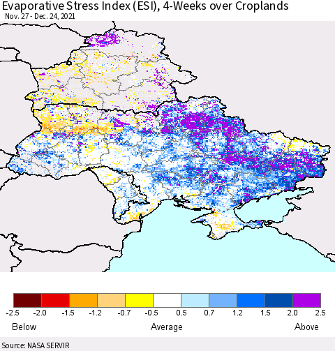 Ukraine, Moldova and Belarus Evaporative Stress Index (ESI), 4-Weeks over Croplands Thematic Map For 12/20/2021 - 12/26/2021