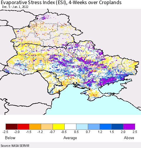 Ukraine, Moldova and Belarus Evaporative Stress Index (ESI), 4-Weeks over Croplands Thematic Map For 12/27/2021 - 1/2/2022