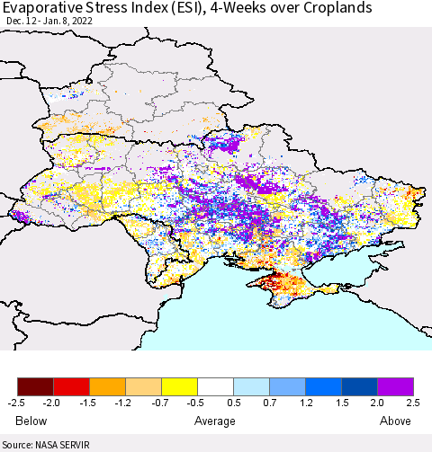 Ukraine, Moldova and Belarus Evaporative Stress Index (ESI), 4-Weeks over Croplands Thematic Map For 1/3/2022 - 1/9/2022