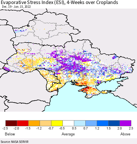 Ukraine, Moldova and Belarus Evaporative Stress Index (ESI), 4-Weeks over Croplands Thematic Map For 1/10/2022 - 1/16/2022