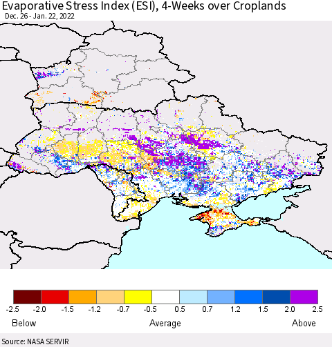 Ukraine, Moldova and Belarus Evaporative Stress Index (ESI), 4-Weeks over Croplands Thematic Map For 1/17/2022 - 1/23/2022